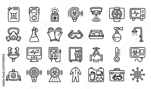 Set of hand drawn vector icons representing biohazard safety equipment and laboratory protection gear for scientific research