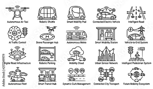 Set of line icons representing smart city transportation autonomous vehicles and modern urban mobility technology solutions