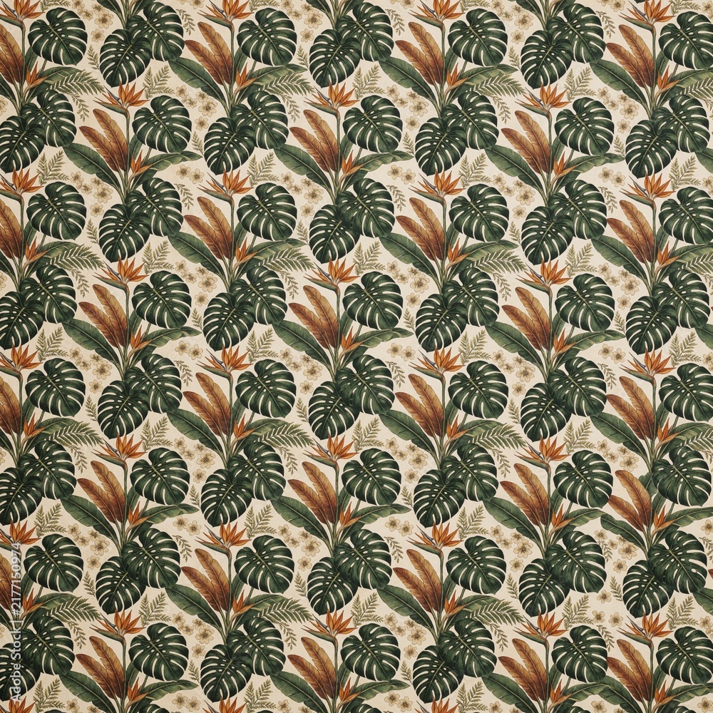 Obraz premium Seamless Tropical Pattern with Monstera Leaves and Bird of Paradise
