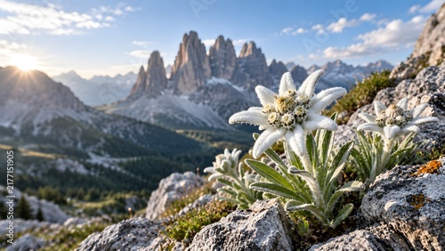 Edelweiss flower blooming in foreground with dramatic rocky mountain peaks background