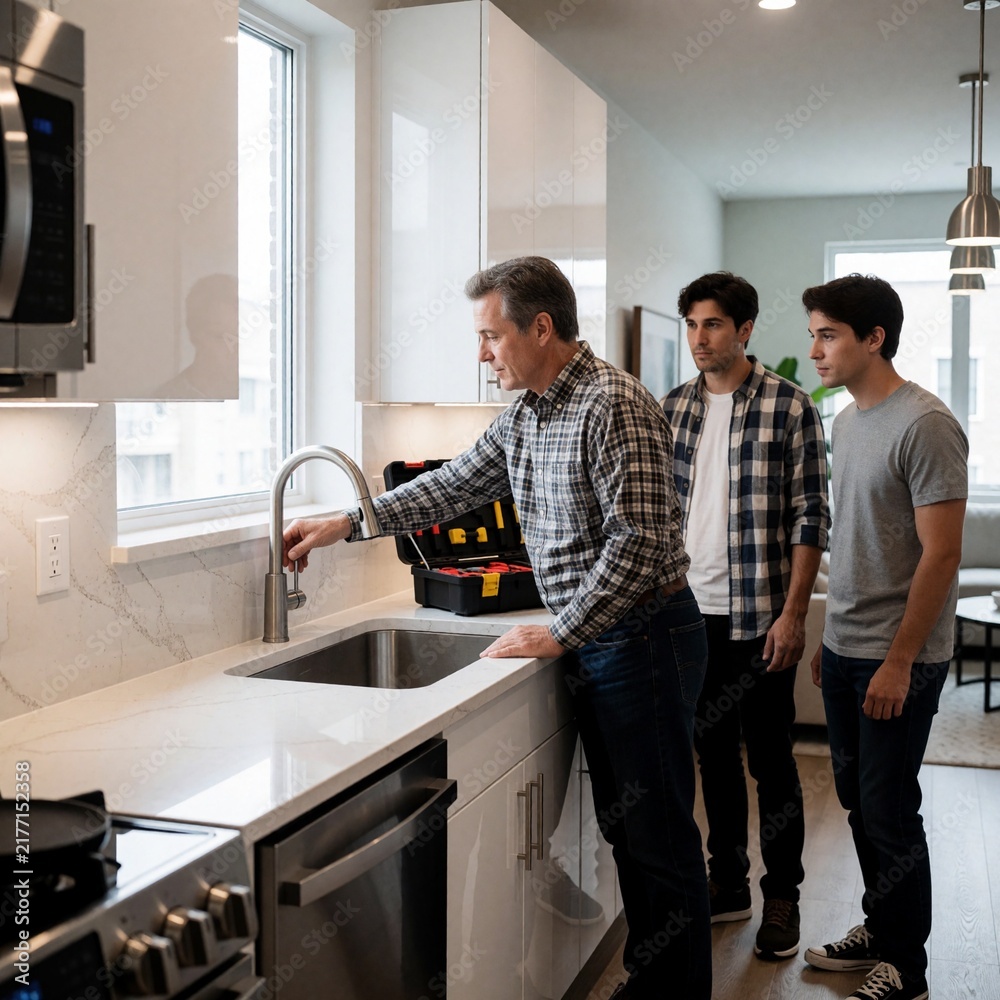 Obraz premium Father Teaching Young Men to Repair Kitchen Faucet at Home