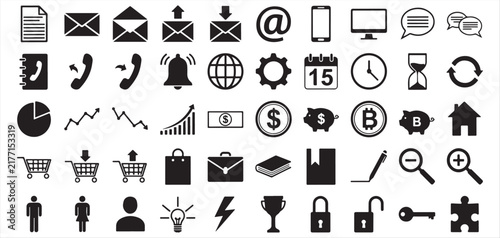 Bild auf Leinwand Business and office black glyph icons compilation representing marketing finance and digital communication vector Illustrator Eps 10