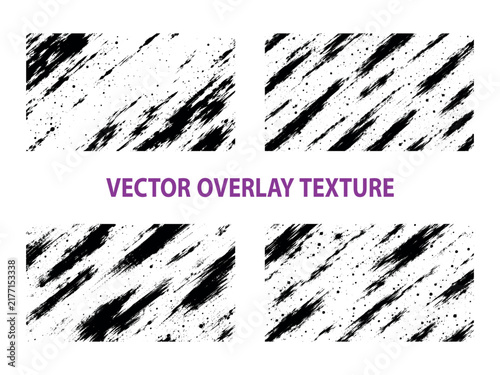 Black Grunge Brush Stroke Overlay Texture Collection, Distressed Ink Streaks and Rough Abstract Vector Background
