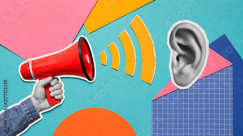 Hand Holding Red Megaphone Shouting Towards Large Ear on Geometric Paper Background, Conceptual Communication Symbol for Marketing