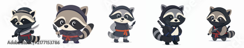 Cute vector collection of a raccoon in a ninja costume, ninja costume animal theme