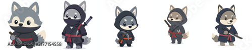 Cute vector collection of a wolf in a ninja costume, ninja costume animal theme