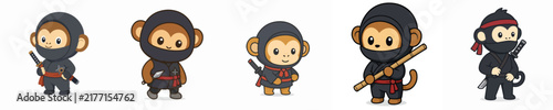 Cute vector collection of a monkey in a ninja costume, ninja costume animal theme