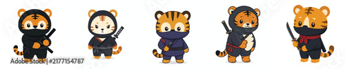 Cute vector collection of a tiger in ninja costume, ninja costume animal theme