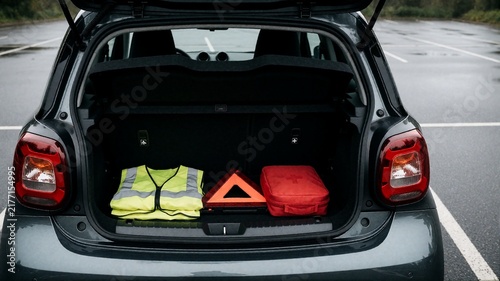 Obraz na płótnie Car emergency kit in open trunk