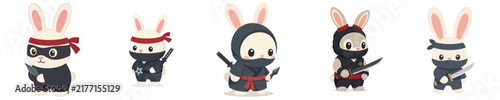 Cute vector collection of a rabbit in a ninja costume, ninja costume animal theme