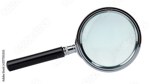 Shiny chrome magnifying glass with black handle, isolated on transparent background