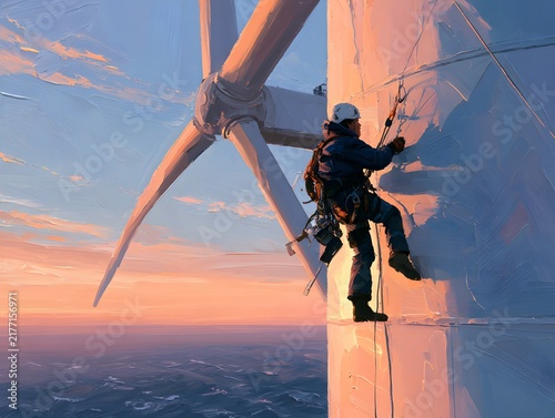 夕暮れの海上で風力発電のブレードを点検する技術者、厚塗り油彩風のイラスト