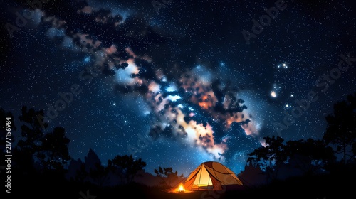 満天の星空と天の川の下で灯るキャンプテント、静かなアウトドアの夜のイラスト