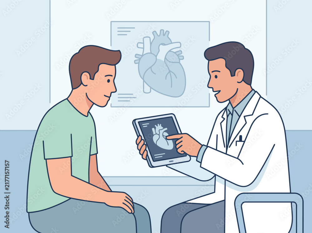 Fototapeta premium Doctor showing heart scan results to patient on digital tablet