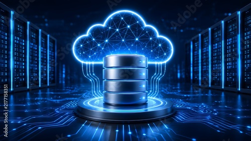 Plakat Glowing digital cloud connected to a database stack in a server room. Concept of cloud computing and secure data network.