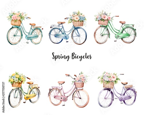Spring Bicycle with Flower Basket Watercolor Illustration