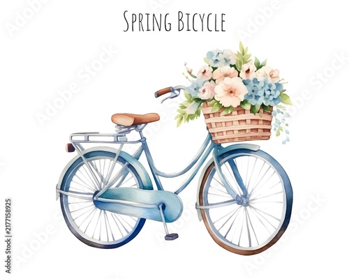 Spring Bicycle with Flower Basket Watercolor Illustration