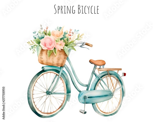 Spring Bicycle with Flower Basket Watercolor Illustration