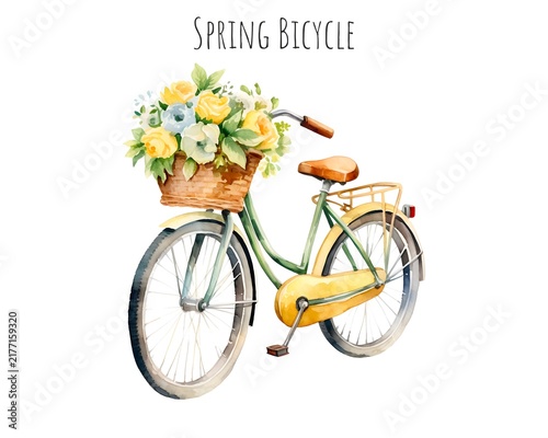 Spring Bicycle with Flower Basket Watercolor Illustration