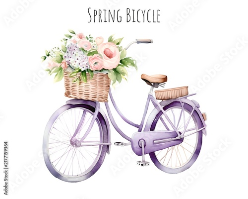Spring Bicycle with Flower Basket Watercolor Illustration