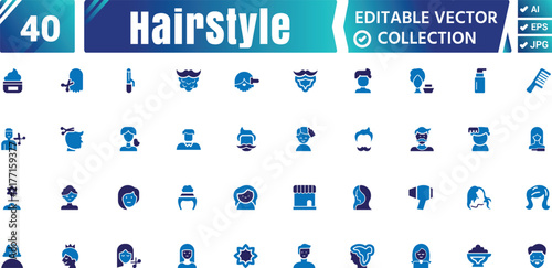 Hair Style Fill Art Icons Collection – Hairstyle, Haircut & Barber Vector Set