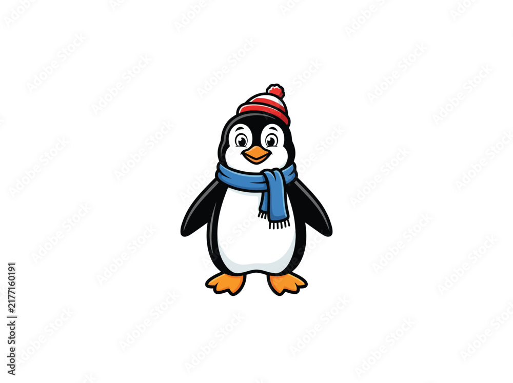 Fototapeta premium Cute Penguin Mascot Wearing Winter Hat And Scarf Vector Illustration