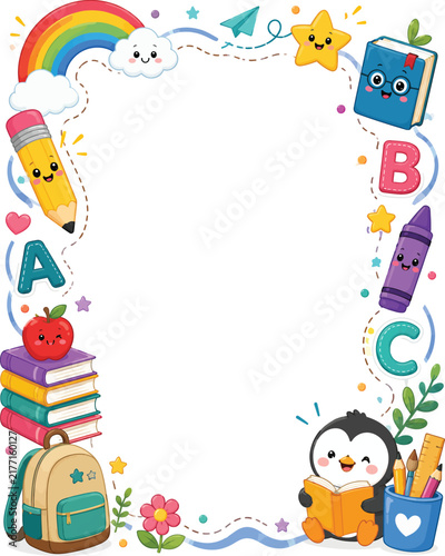 A cute back to school border frame featuring colorful school supplies and happy animals, isolated on a clean white background for design.