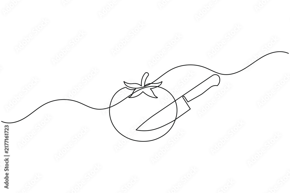 Obraz premium Tomato icon cooking knife continuous line art drawing minimalist outline vector illustration