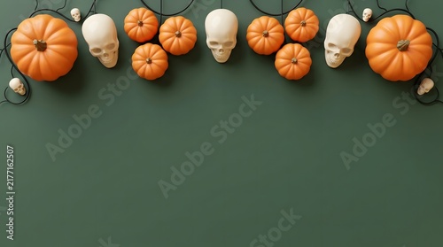 Halloween background with pumpkins and skulls arranged on a dark green surface top view