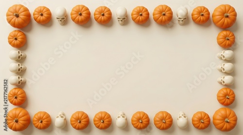 Autumn harvest border frame made of small orange pumpkins and gourds on beige background