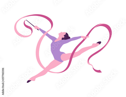 Obraz na płótnie Female rhythmic gymnast performing with ribbon in leap