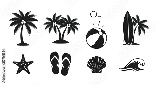 Tropical Beach Silhouettes Palm Trees Seashells And Ocean Waves