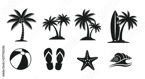 Tropical Beach Silhouettes On White Background palm