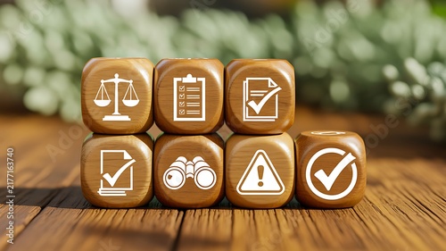 Legal compliance concept with scales, documents, checkmarks and warning symbols on wooden blocks