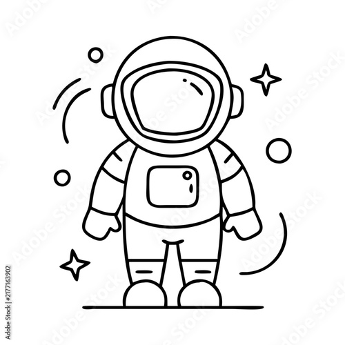 Astronaut in space suit standing with stars - Simple line drawing of an astronaut in a space suit standing confidently with floating stars around.