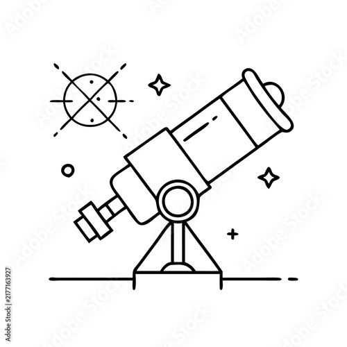 Simple telescope on a tripod with stars - Line art vector icon of a telescope on a tripod under starry sky elements, minimalist and clean design.