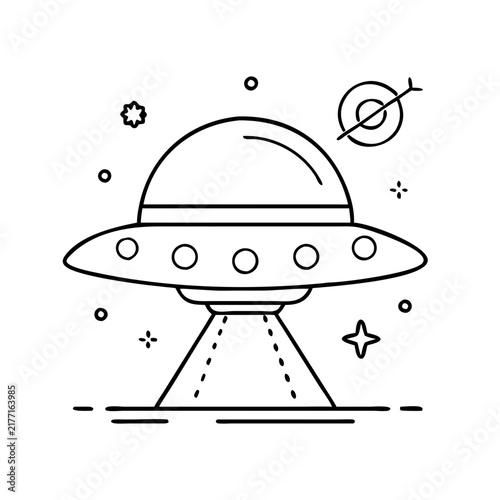 Flying ufo spaceship with stars in sky - Minimalist UFO icon floating with stars and planets in space background