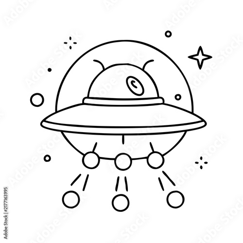Flying cartoon ufo with alien inside illustration - Simple cartoon UFO floating with a smiling alien inside, minimalist line art style.