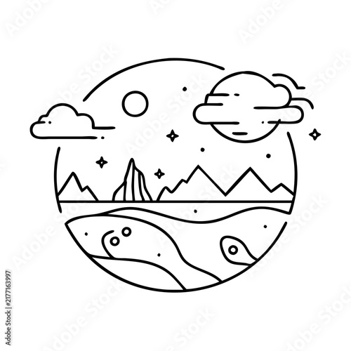 Minimalist globe with mountains and clouds illustration - Simple line art of a globe showing mountains, clouds, and ocean in a minimalist style.