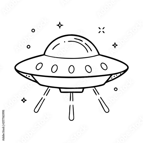 Simple ufo flying with stars around - Minimalistic UFO icon floating with starburst elements in a clean, stylish design.