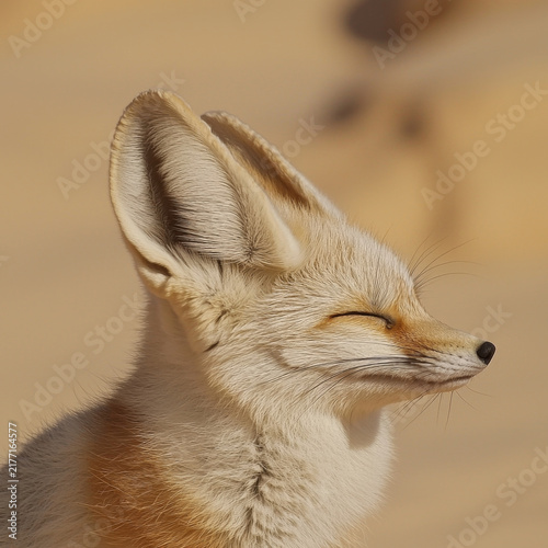 Close-up of a fluffy fennec fox with huge ears, eyes closed, enjoying warm light on its sandy fur