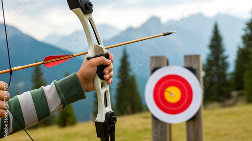 Archer aiming at a colorful target in an outdoor forest setting