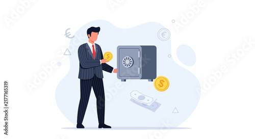 Businessman depositing gold coin into a safe with money and currency symbols in a flat, modern illustration style.