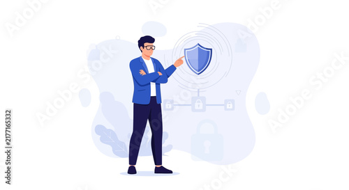 Businessman interacting with digital shield and network security symbols, symbolizing data protection and cybersecurity