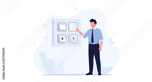 Businessman Interacting with a Digital Interface Panel Featuring Light Switches and Energy Icons