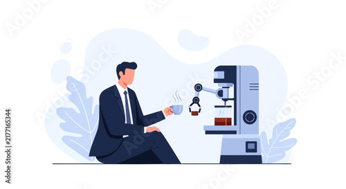 Businessman enjoying coffee made by robotic barista in modern office setting, concept of automation and convenience.