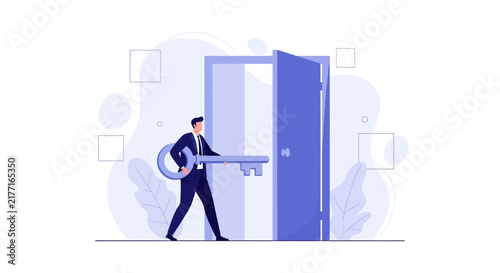 Businessman holding a large key opens a blue door, symbolizing opportunity, success, and unlocking potential in business.