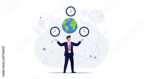 Businessman juggling clocks and planet Earth, symbolizing global time management, deadlines, and international business.