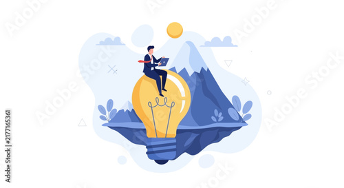Businessman on a Light Bulb Island with Laptop, Concept of Innovation and Creativity