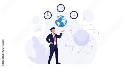 Businessman juggling Earth, clocks, and atomic model, symbolizing global time management, science, and strategy